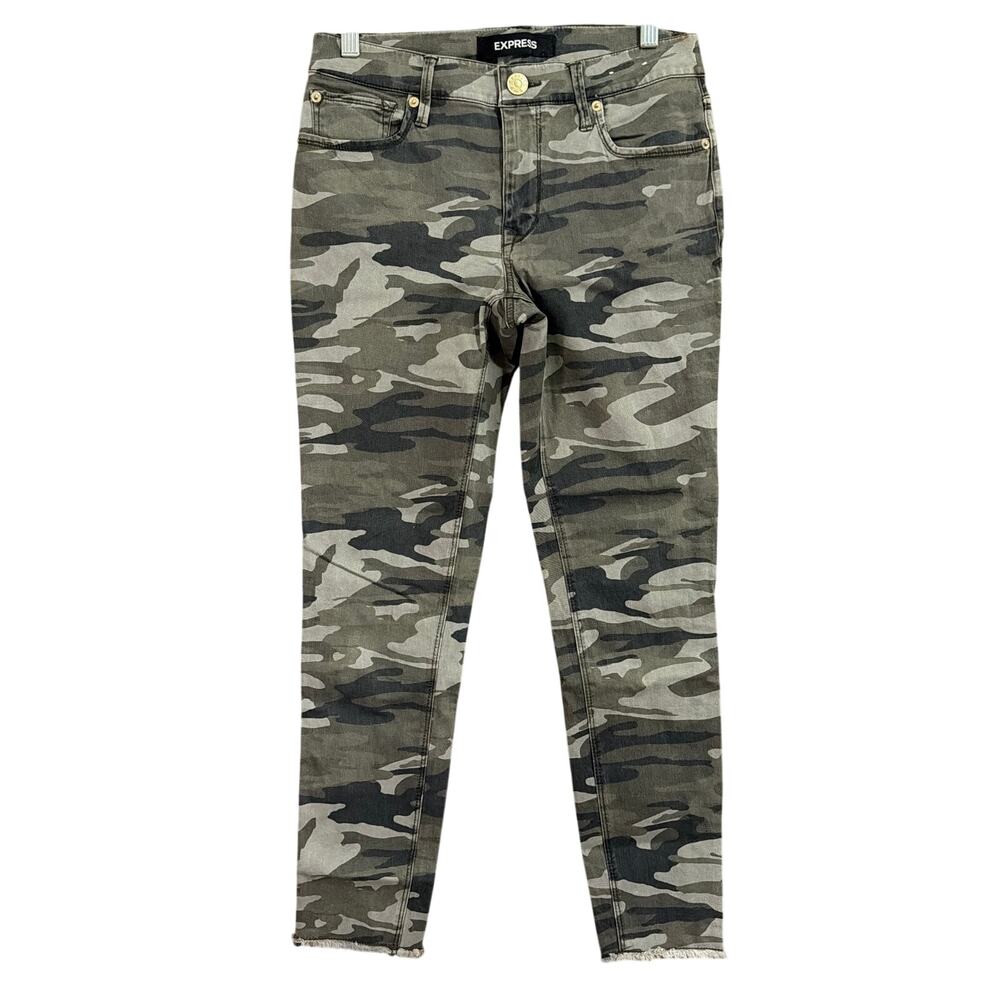 Express Womens Jeans Green Camo Ankle Legging Raw Hems Mid Rise Stretch 4R